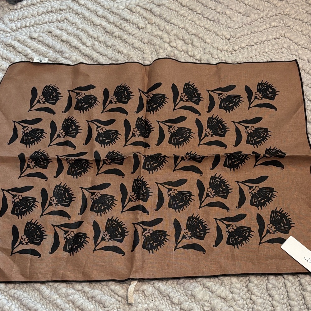Bonnie Kaye Studio Brown Linen Tea Towel with Black Floral Design